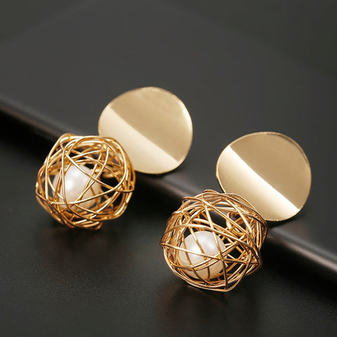 Golden Color Round Ball Geometric Earrings For Party